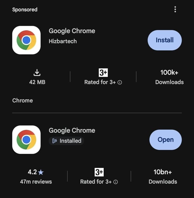 Phát hiện ứng dụng giả mạo Chrome có hơn 100.000 lượt tải trên Google Play, người dùng Android kiểm tra ngay- Ảnh 1. Phát hiện ứng dụng giả mạo Chrome có hơn 100.000 lượt tải trên Google Play, người dùng Android kiểm tra ngay- Ảnh 1.